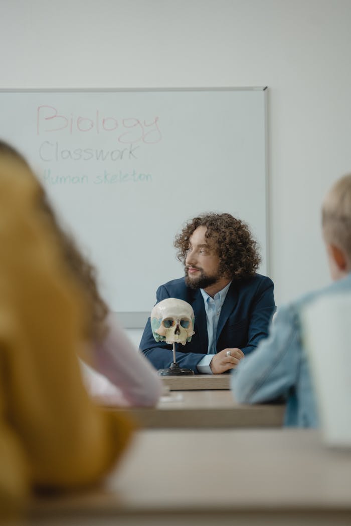Teacher with curly hair teaching anatomy using a skull in a classroom. Engaged students observe.
